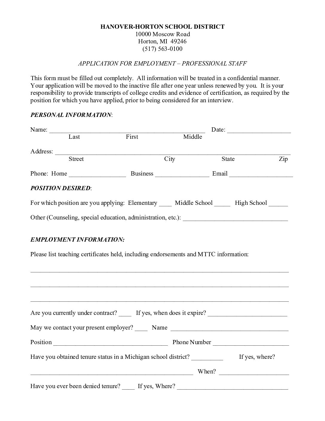 Application-for-Employment-Teaching-Staff - Hanover-Horton