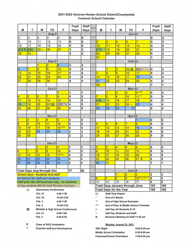 HH school year calendar 21-22 - Hanover-Horton