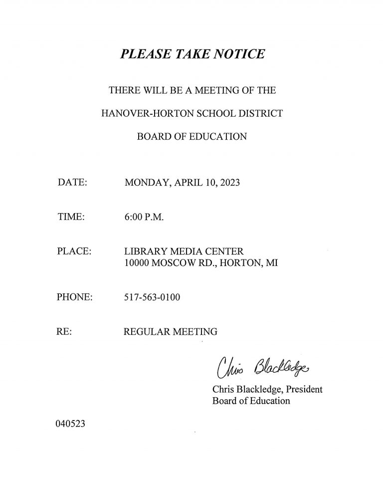 Board Meeting Notice April 2023 HanoverHorton