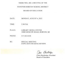 Notice of Special School Board Meeting Aug 2025