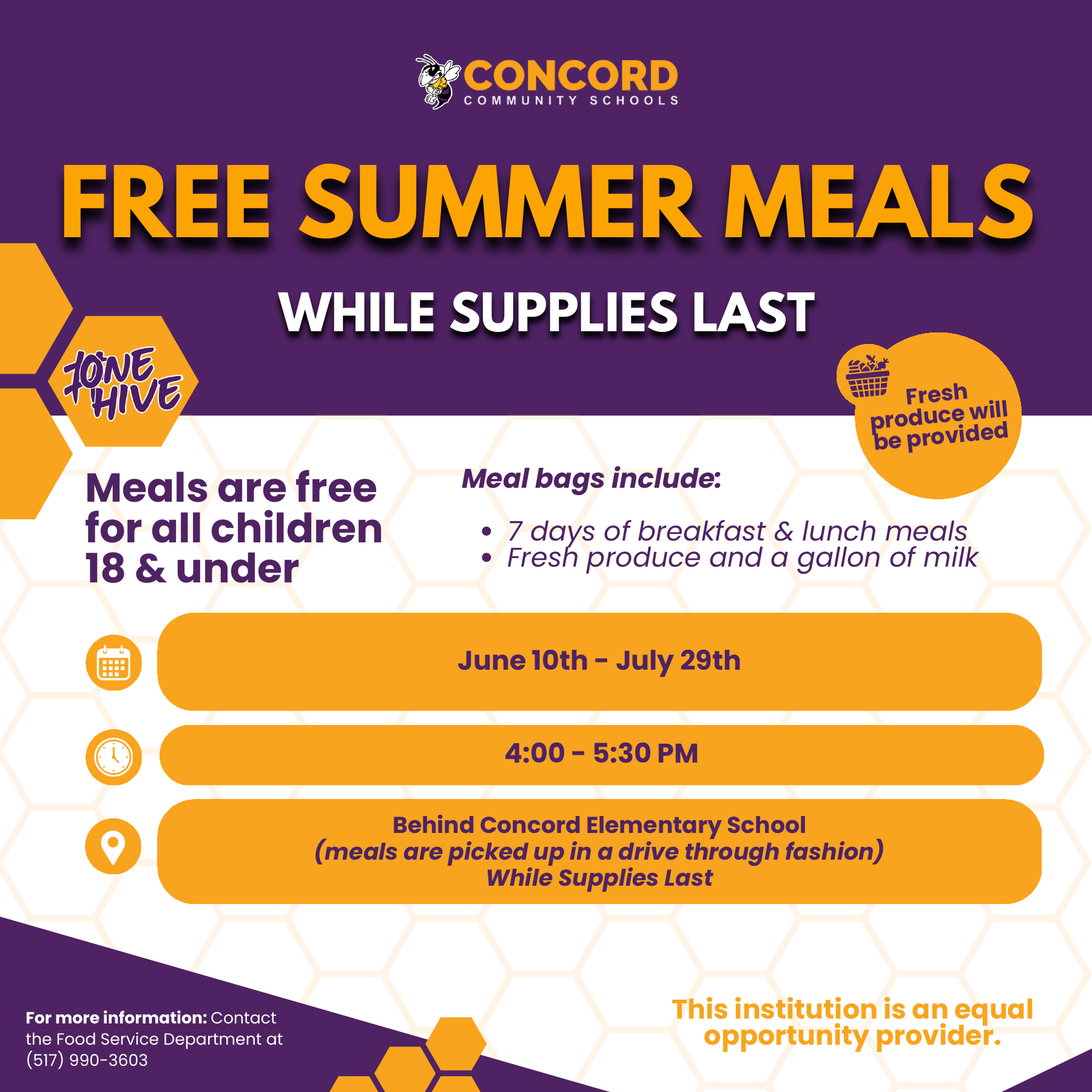 Free summer meals flyer for children 18 and under, June 10 through July 29, 4:00 to 5:30 PM.