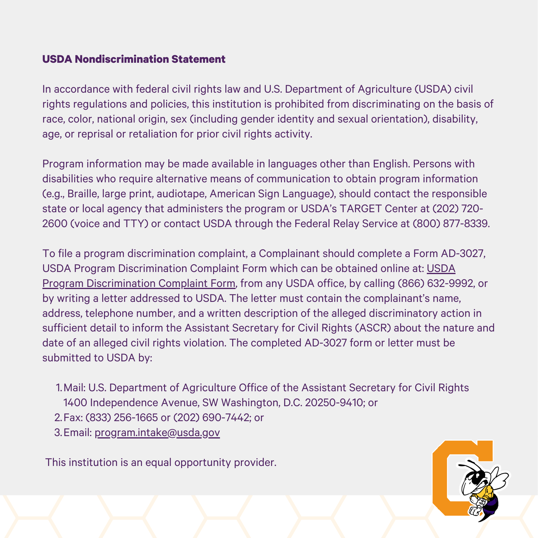 USDA nondiscrimination statement for the summer meals program.