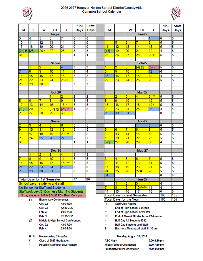 2026-2027 School Year Calendar